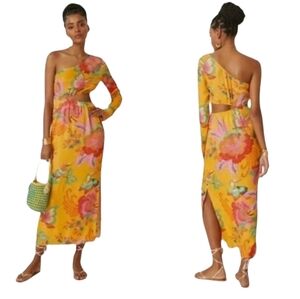 Farm Rio x Anthropologie One-Shoulder Tropical Maxi Cutout Dress Size medium